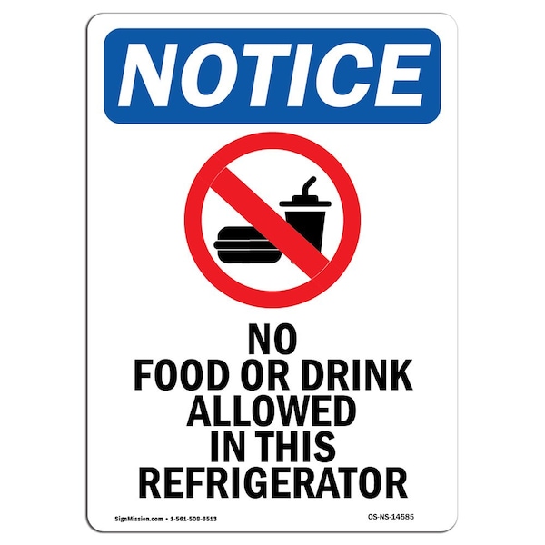 Signmission OSHA Notice Sign, 14" Height, Rigid Plastic, No Food Or Drink Allowed Sign With Symbol, Portrait OS-NS-P-1014-V-14585 - main